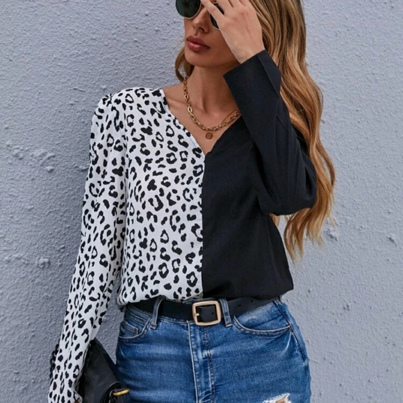 Colorblock Leopard V-Neck Blouse - Picture 7 of 8